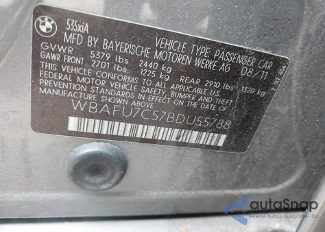 2011 BMW 535I xDrive из США, поврежденный, VIN WBAFU7C57BDU55788